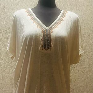 J. Jill Embroidered V-Neck Cream Top